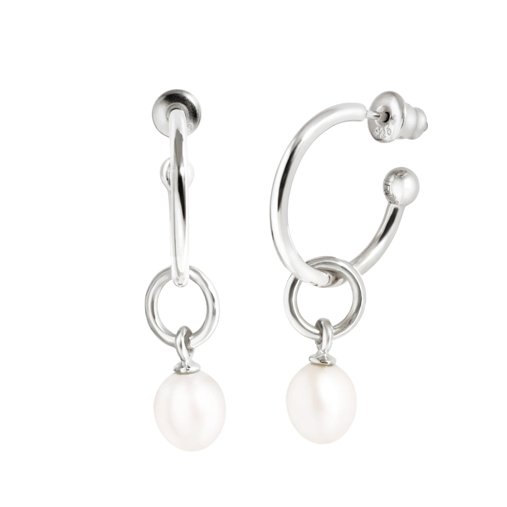Silver Pearl Popon Hoop Earrings